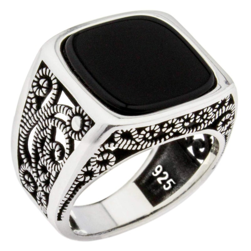 Babylon Silver Solid 925 Sterling Silver Onyx Stone Turkish Handmade Luxury Men's Ring (8) - Image 1